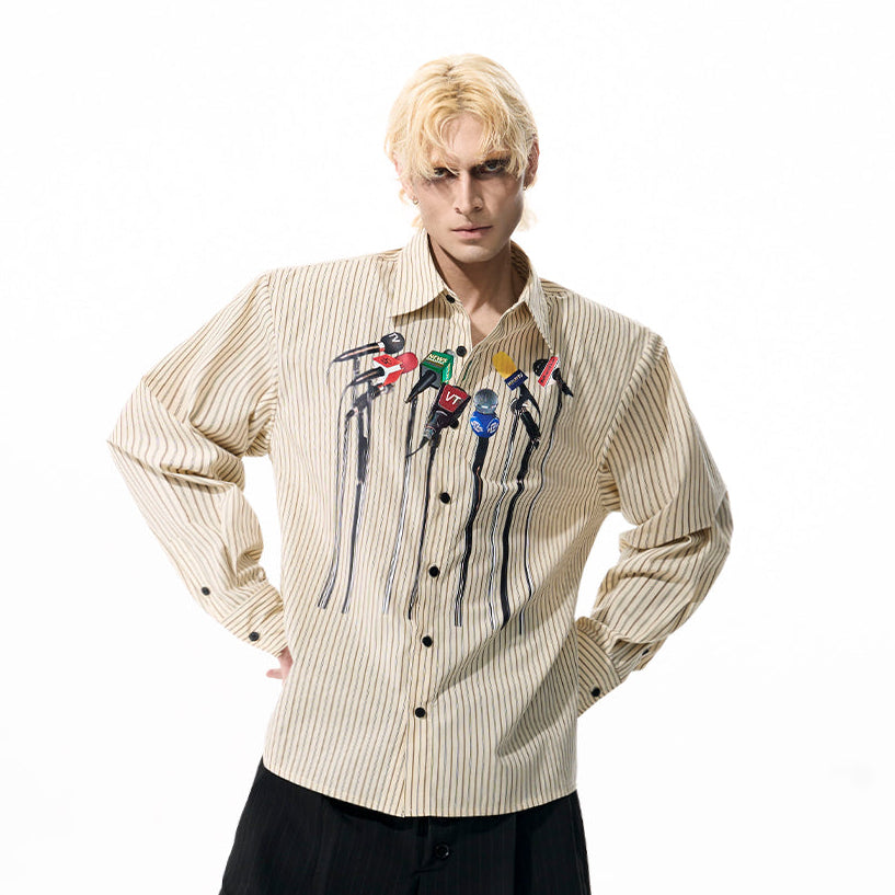 Striped Art Print Shoulder-Pad Long Sleeve Shirt WN21774