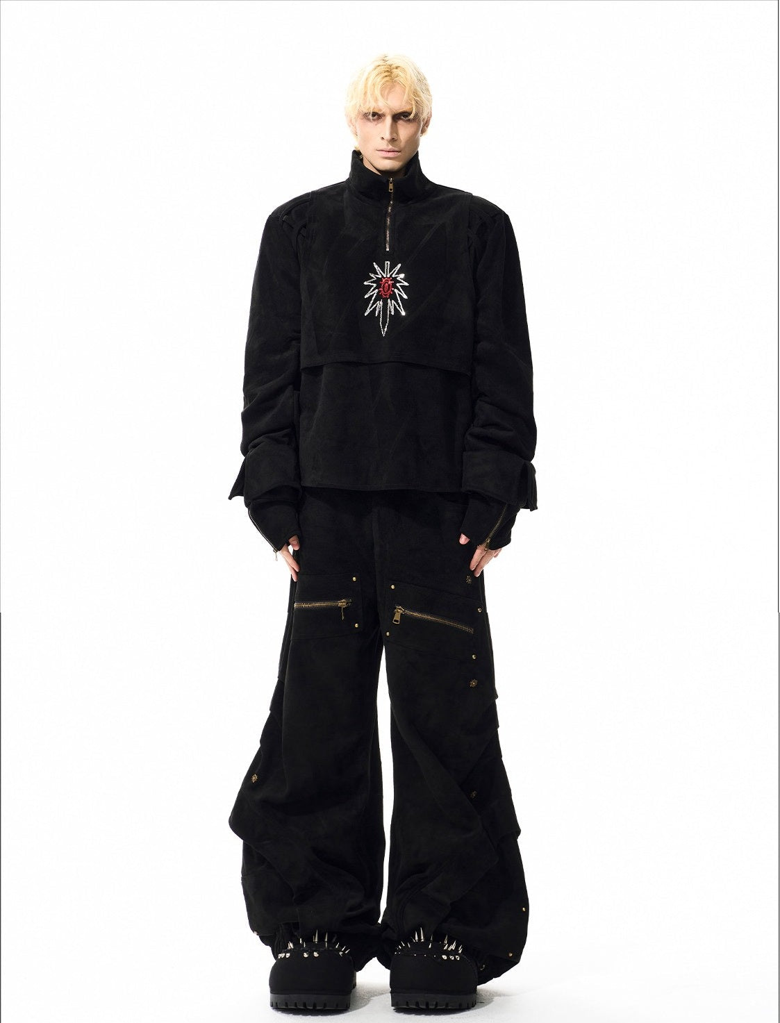 Graffiti Suede Deconstructed Half Zipper Sweatshirt & Cargo Pants Setup WN21783