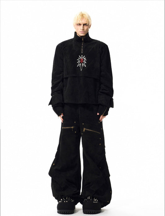 Graffiti Suede Deconstructed Half Zipper Sweatshirt & Cargo Pants Setup WN21783