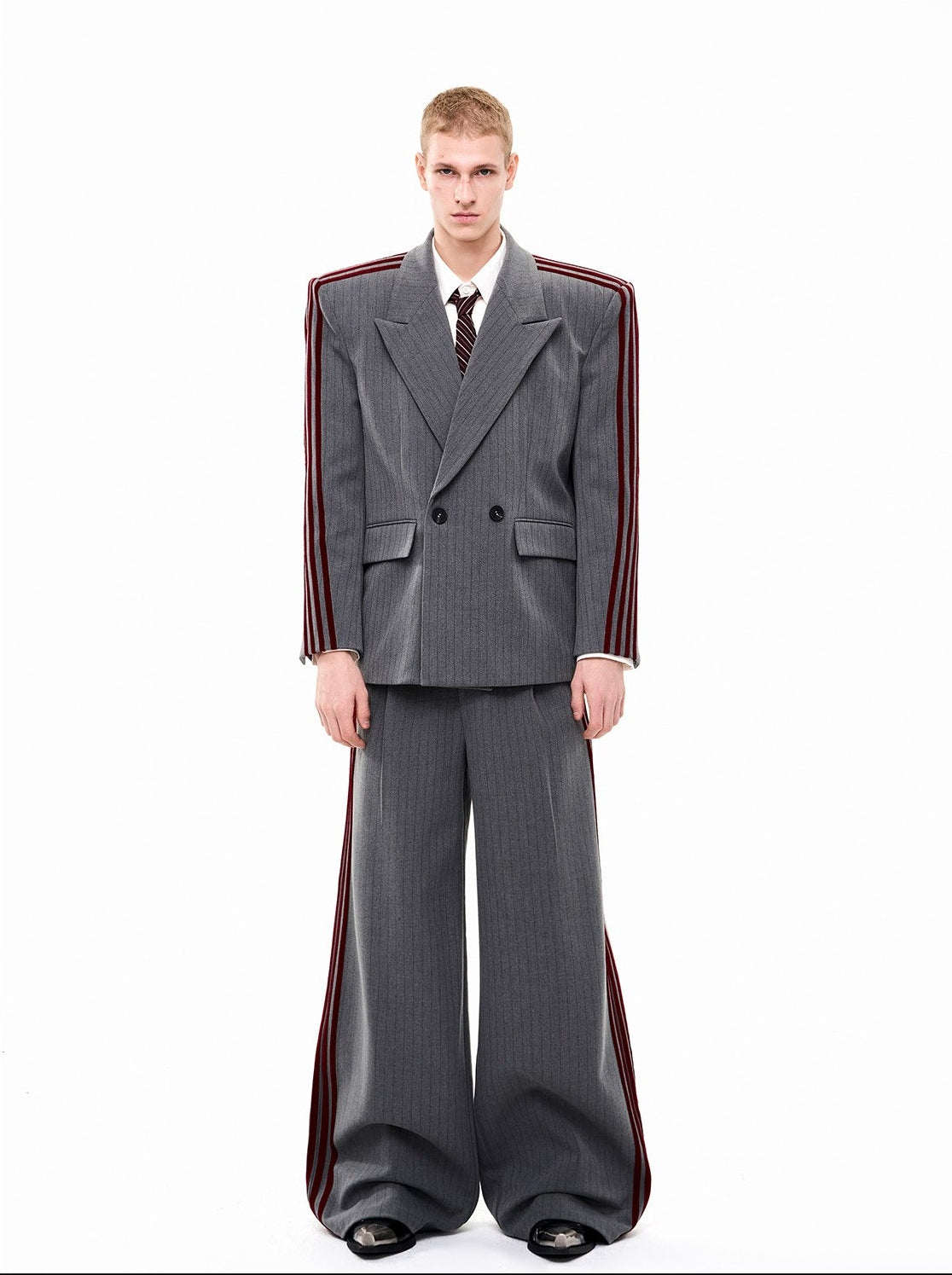 Striped Shoulder-pad Double-Breasted Tailored Jacket & Striped Wide Leg Trousers Setup WN21802