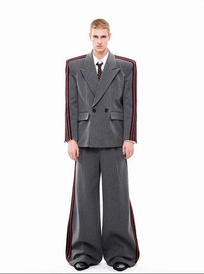 Striped Shoulder-pad Double-Breasted Tailored Jacket & Striped Wide Leg Trousers Setup WN21802