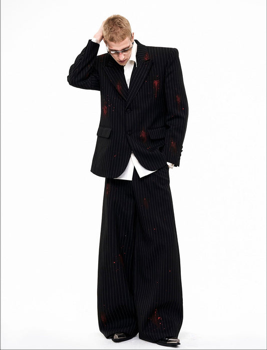 Striped Shoulder-Pad Fake Bloodstain Tailored Jacket & Trousers Setup WN21805