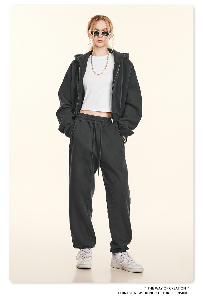 Cropped Sporty Zipper Hoodie & Sweat Jogger Pants & Straight-Leg Sweatpants Setup WN23116