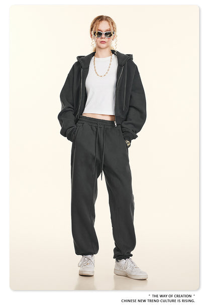 Cropped Sporty Zipper Hoodie & Sweat Jogger Pants & Straight-Leg Sweatpants Setup WN23116