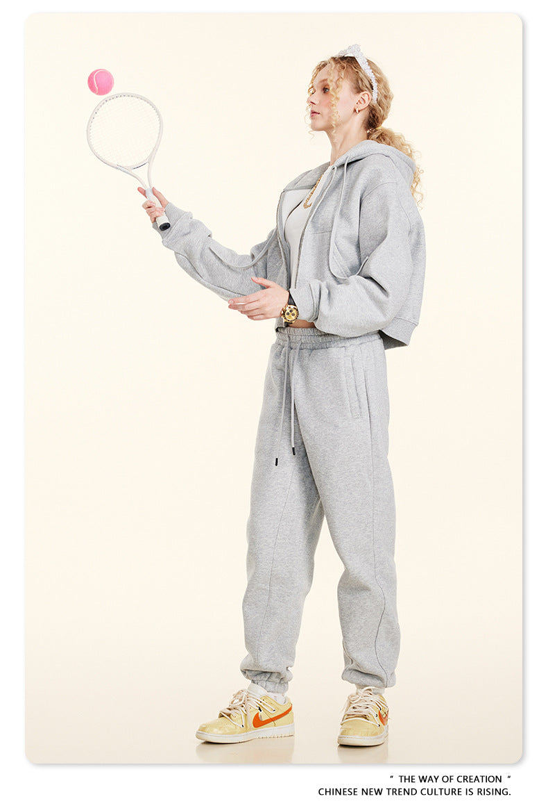 Cropped Sporty Zipper Hoodie & Sweat Jogger Pants & Straight-Leg Sweatpants Setup WN23116