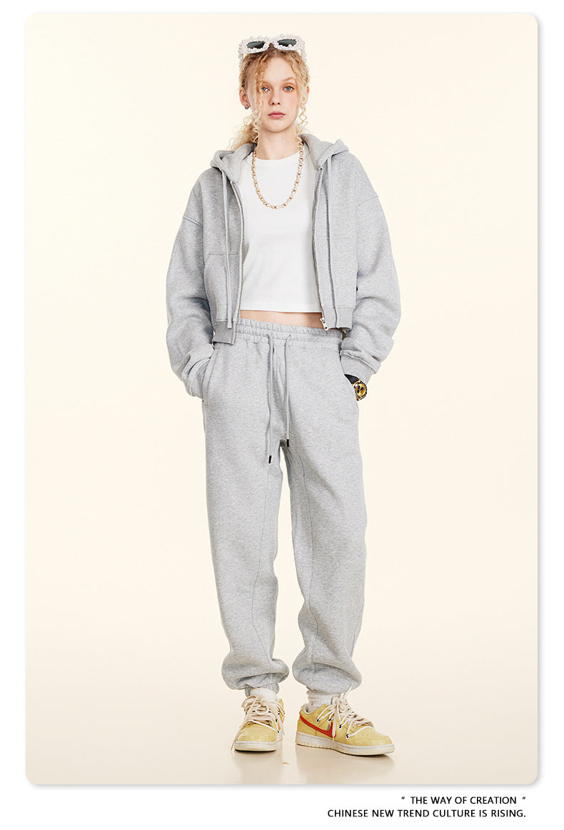 Cropped Sporty Zipper Hoodie & Sweat Jogger Pants & Straight-Leg Sweatpants Setup WN23116