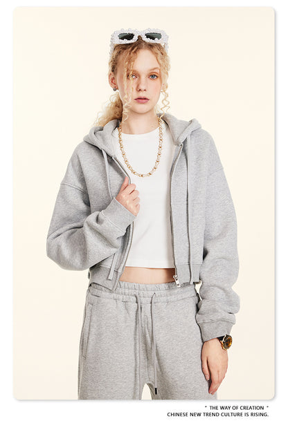 Cropped Sporty Zipper Hoodie & Sweat Jogger Pants & Straight-Leg Sweatpants Setup WN23116