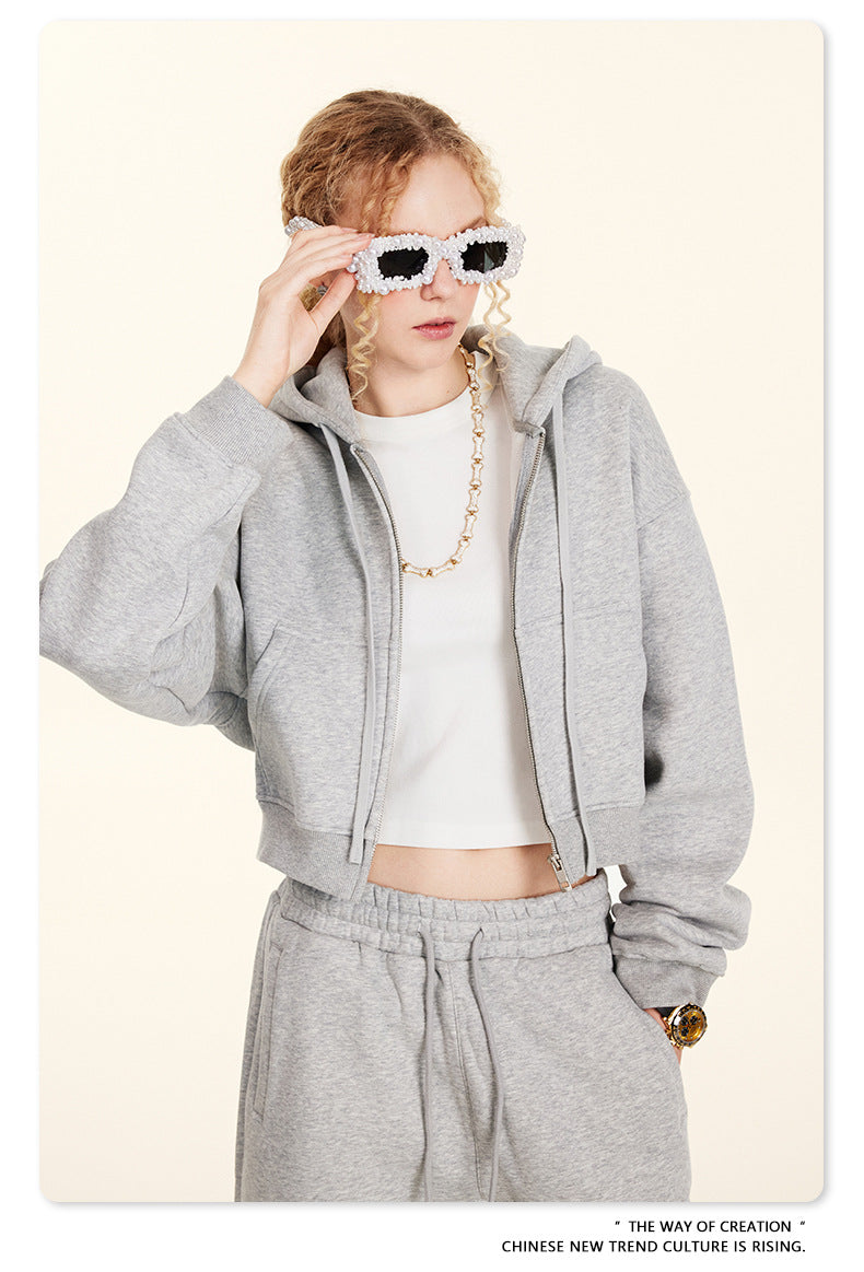 Cropped Sporty Zipper Hoodie & Sweat Jogger Pants & Straight-Leg Sweatpants Setup WN23116