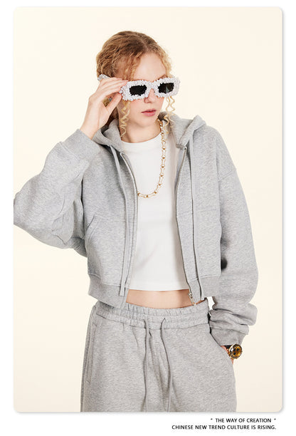 Cropped Sporty Zipper Hoodie & Sweat Jogger Pants & Straight-Leg Sweatpants Setup WN23116