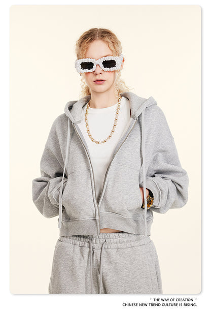 Cropped Sporty Zipper Hoodie & Sweat Jogger Pants & Straight-Leg Sweatpants Setup WN23116