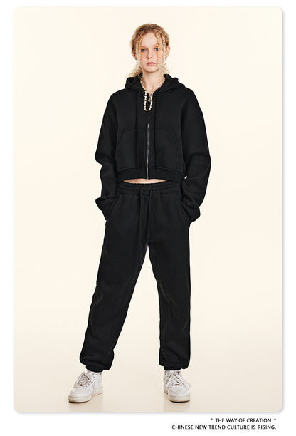 Cropped Sporty Zipper Hoodie & Sweat Jogger Pants & Straight-Leg Sweatpants Setup WN23116