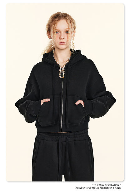 Cropped Sporty Zipper Hoodie & Sweat Jogger Pants & Straight-Leg Sweatpants Setup WN23116
