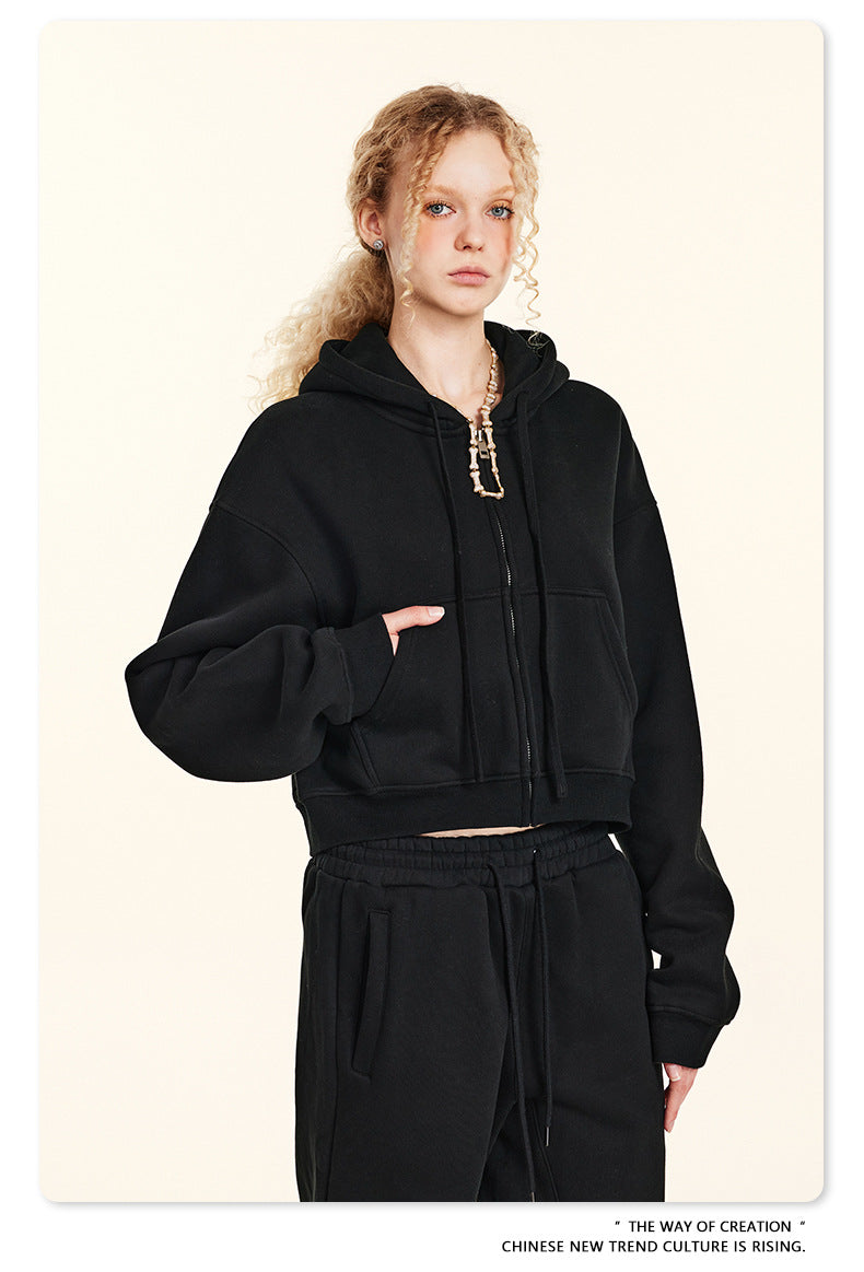 Cropped Sporty Zipper Hoodie & Sweat Jogger Pants & Straight-Leg Sweatpants Setup WN23116