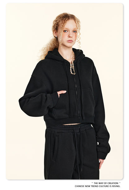 Cropped Sporty Zipper Hoodie & Sweat Jogger Pants & Straight-Leg Sweatpants Setup WN23116
