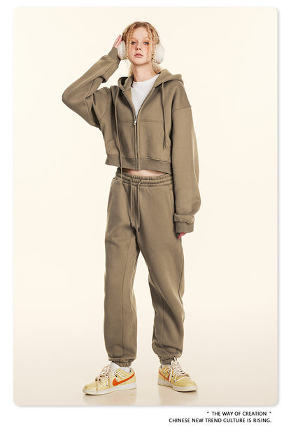 Cropped Sporty Zipper Hoodie & Sweat Jogger Pants & Straight-Leg Sweatpants Setup WN23116