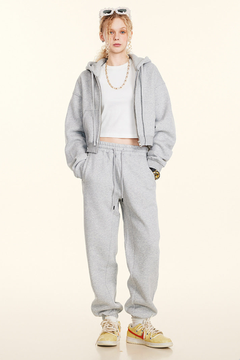 Cropped Sporty Zipper Hoodie & Sweat Jogger Pants & Straight-Leg Sweatpants Setup WN23116