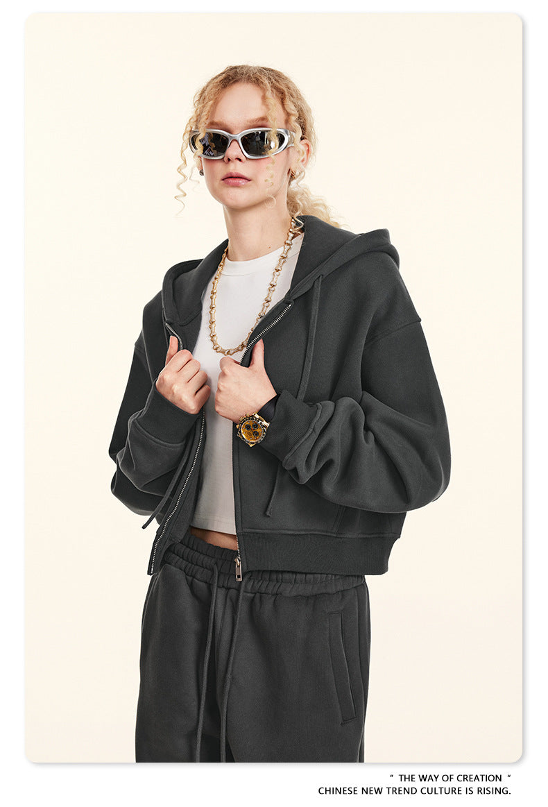 Cropped Sporty Zipper Hoodie & Sweat Jogger Pants & Straight-Leg Sweatpants Setup WN23116