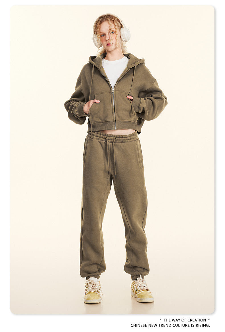 Cropped Sporty Zipper Hoodie & Sweat Jogger Pants & Straight-Leg Sweatpants Setup WN23116