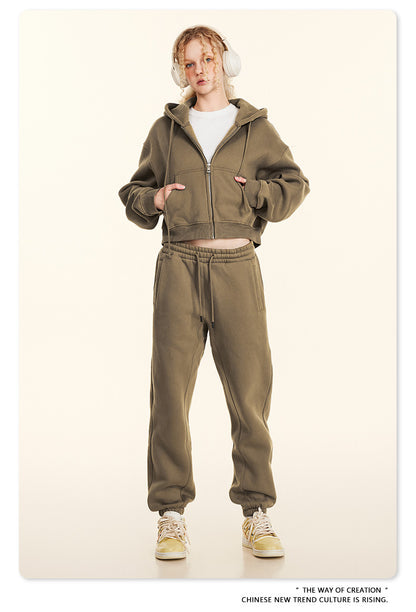 Cropped Sporty Zipper Hoodie & Sweat Jogger Pants & Straight-Leg Sweatpants Setup WN23116