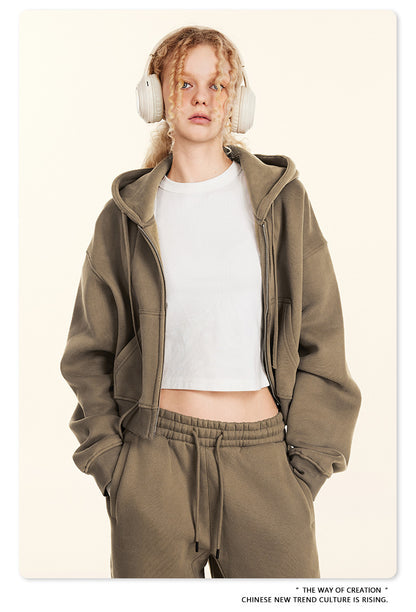 Cropped Sporty Zipper Hoodie & Sweat Jogger Pants & Straight-Leg Sweatpants Setup WN23116