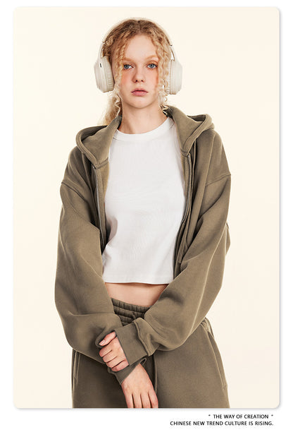 Cropped Sporty Zipper Hoodie & Sweat Jogger Pants & Straight-Leg Sweatpants Setup WN23116