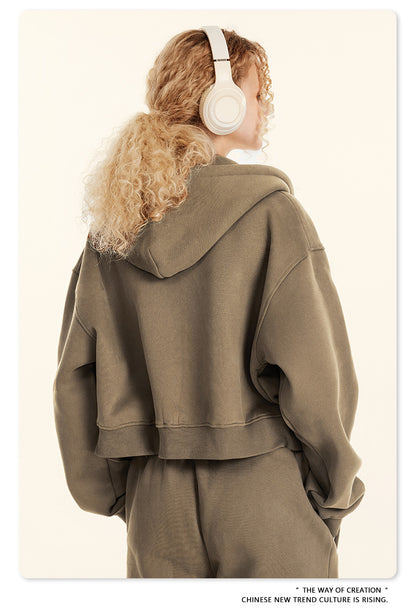 Cropped Sporty Zipper Hoodie & Sweat Jogger Pants & Straight-Leg Sweatpants Setup WN23116