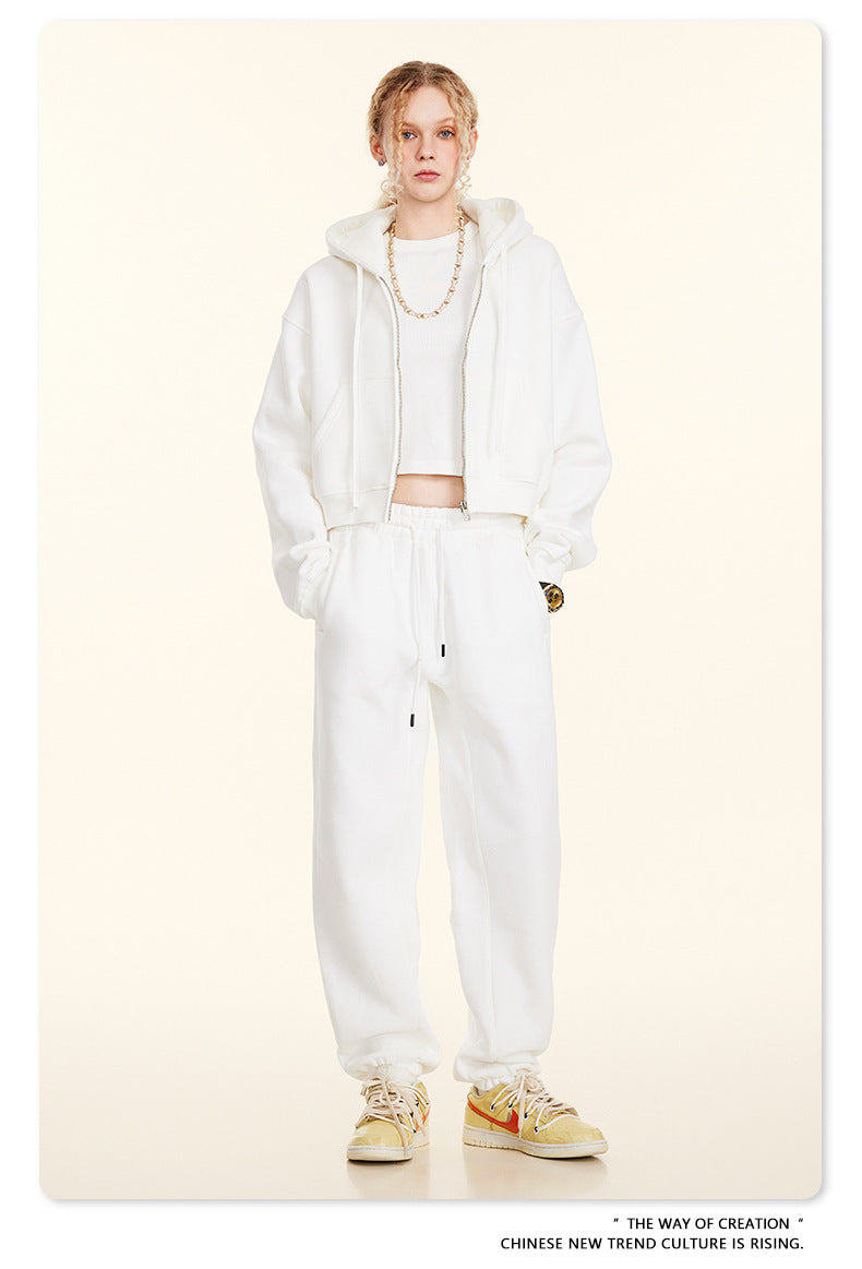 Cropped Sporty Zipper Hoodie & Sweat Jogger Pants & Straight-Leg Sweatpants Setup WN23116