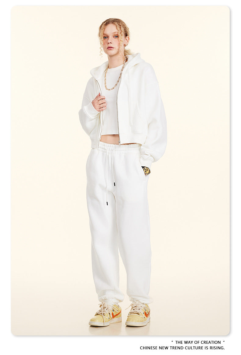 Cropped Sporty Zipper Hoodie & Sweat Jogger Pants & Straight-Leg Sweatpants Setup WN23116