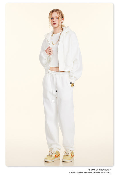 Cropped Sporty Zipper Hoodie & Sweat Jogger Pants & Straight-Leg Sweatpants Setup WN23116