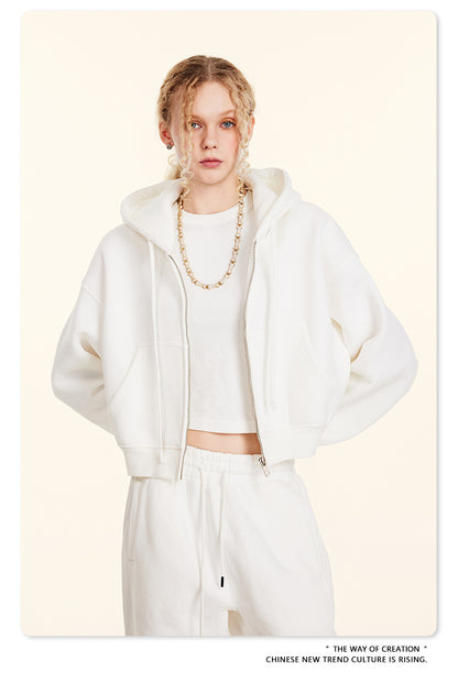 Cropped Sporty Zipper Hoodie & Sweat Jogger Pants & Straight-Leg Sweatpants Setup WN23116