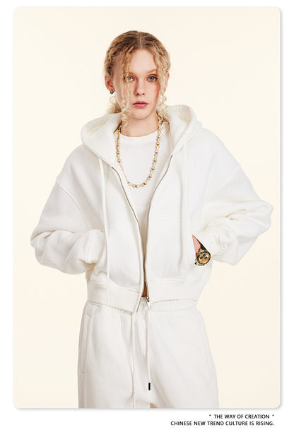 Cropped Sporty Zipper Hoodie & Sweat Jogger Pants & Straight-Leg Sweatpants Setup WN23116