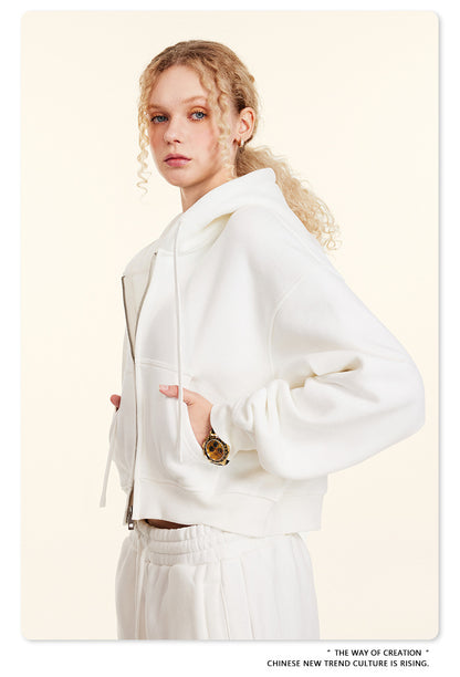 Cropped Sporty Zipper Hoodie & Sweat Jogger Pants & Straight-Leg Sweatpants Setup WN23116