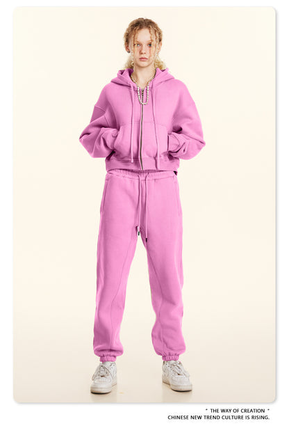 Cropped Sporty Zipper Hoodie & Sweat Jogger Pants & Straight-Leg Sweatpants Setup WN23116