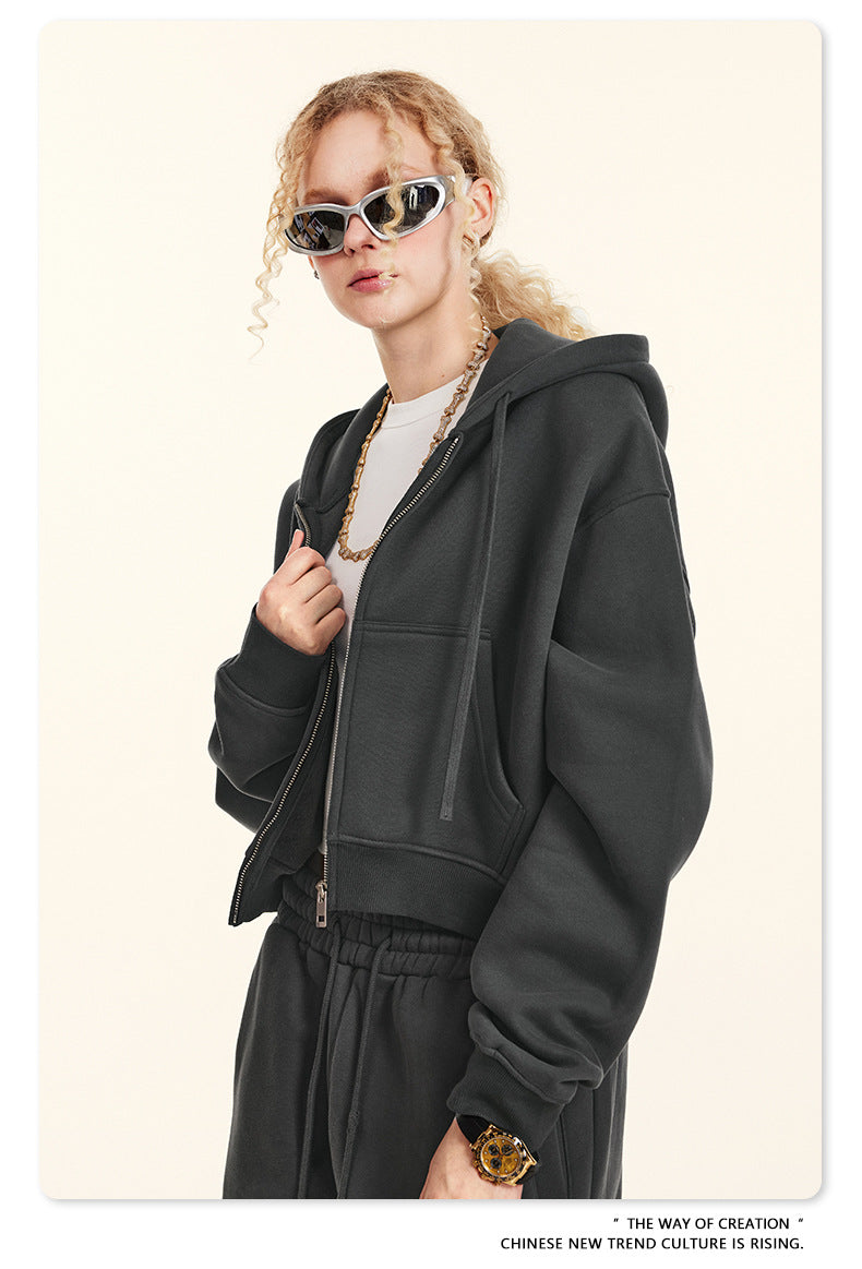 Cropped Sporty Zipper Hoodie & Sweat Jogger Pants & Straight-Leg Sweatpants Setup WN23116