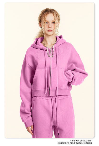 Cropped Sporty Zipper Hoodie & Sweat Jogger Pants & Straight-Leg Sweatpants Setup WN23116