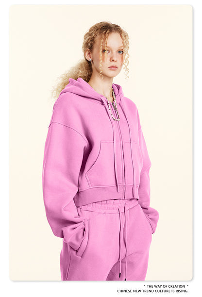 Cropped Sporty Zipper Hoodie & Sweat Jogger Pants & Straight-Leg Sweatpants Setup WN23116