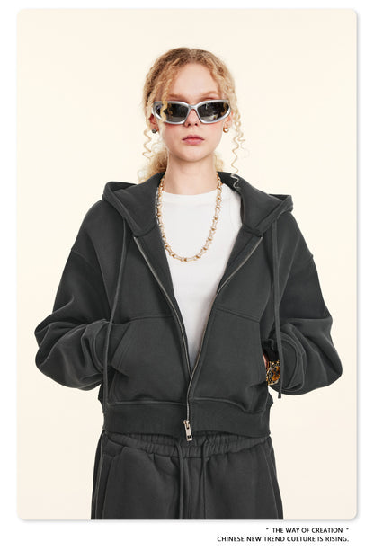 Cropped Sporty Zipper Hoodie & Sweat Jogger Pants & Straight-Leg Sweatpants Setup WN23116