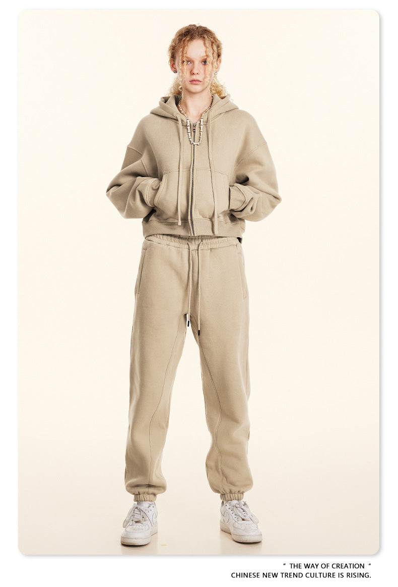 Cropped Sporty Zipper Hoodie & Sweat Jogger Pants & Straight-Leg Sweatpants Setup WN23116