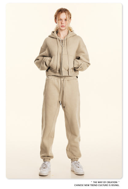 Cropped Sporty Zipper Hoodie & Sweat Jogger Pants & Straight-Leg Sweatpants Setup WN23116