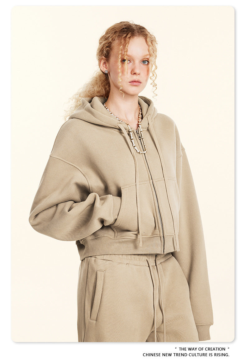 Cropped Sporty Zipper Hoodie & Sweat Jogger Pants & Straight-Leg Sweatpants Setup WN23116