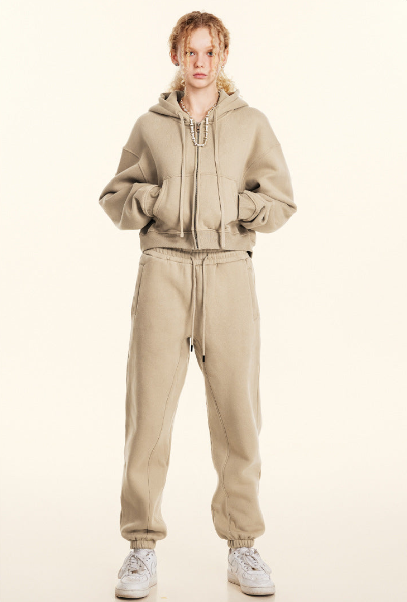 Cropped Sporty Zipper Hoodie & Sweat Jogger Pants & Straight-Leg Sweatpants Setup WN23116