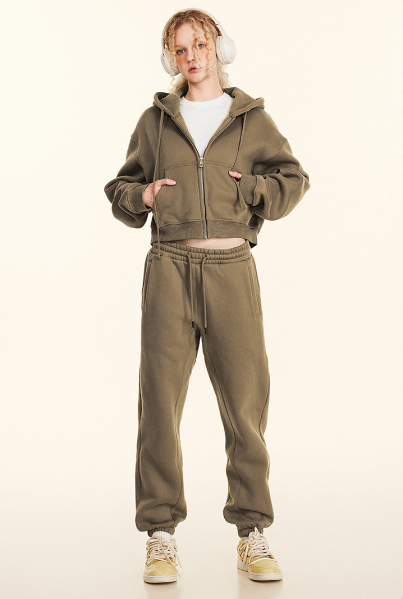 Cropped Sporty Zipper Hoodie & Sweat Jogger Pants & Straight-Leg Sweatpants Setup WN23116