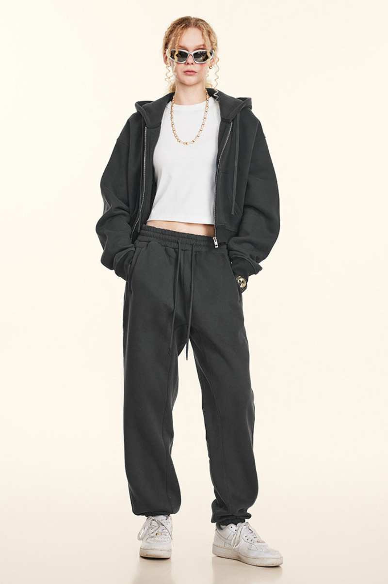 Cropped Sporty Zipper Hoodie & Sweat Jogger Pants & Straight-Leg Sweatpants Setup WN23116