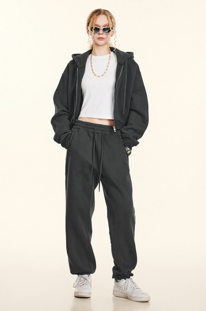 Cropped Sporty Zipper Hoodie & Sweat Jogger Pants & Straight-Leg Sweatpants Setup WN23116