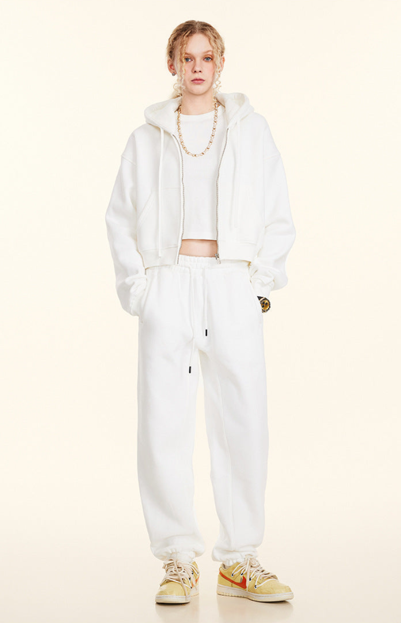 Cropped Sporty Zipper Hoodie & Sweat Jogger Pants & Straight-Leg Sweatpants Setup WN23116