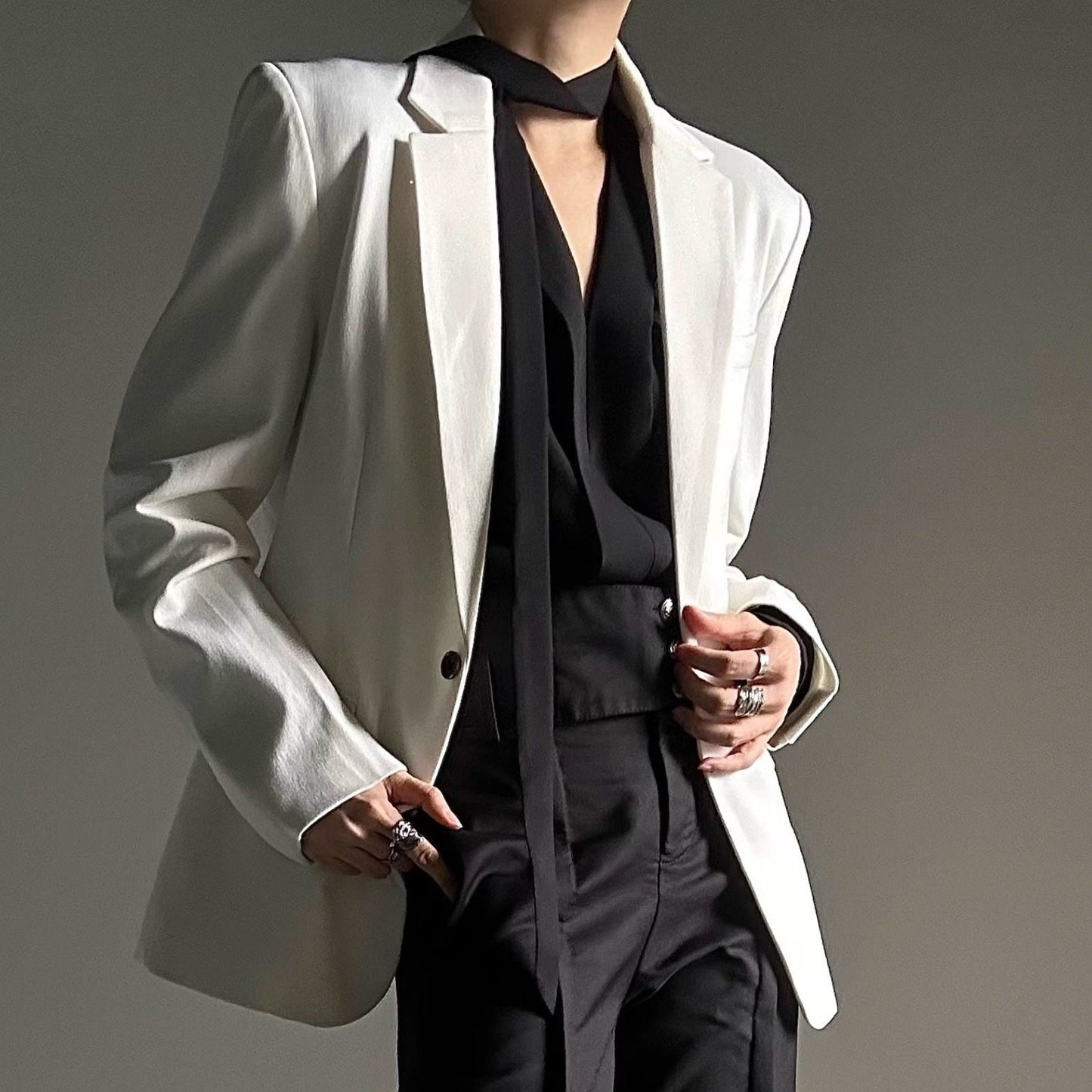 V-Neck Tie Drape Long Sleeve Shirt WN23130