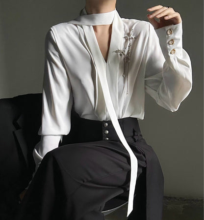 V-Neck Tie Drape Long Sleeve Shirt WN23130