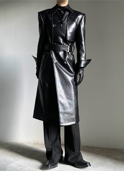 Belted PU Leather Waist-Shaping Coat WN23143