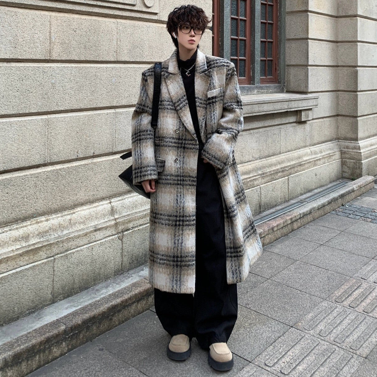 Korean Style Thick Wool Plaid Lapel Coat WN23180