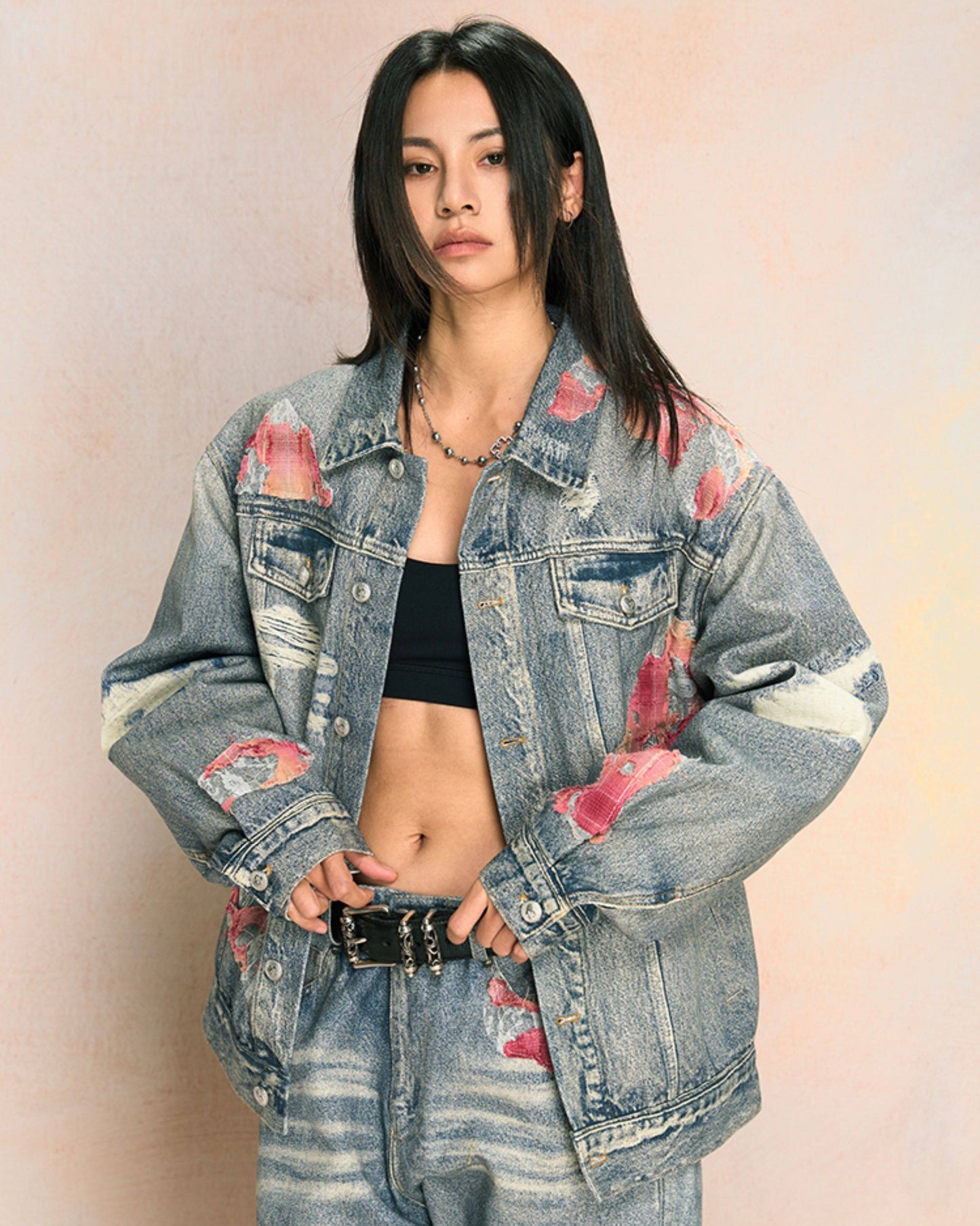 Floral Print Damage Denim Jacket WN23200